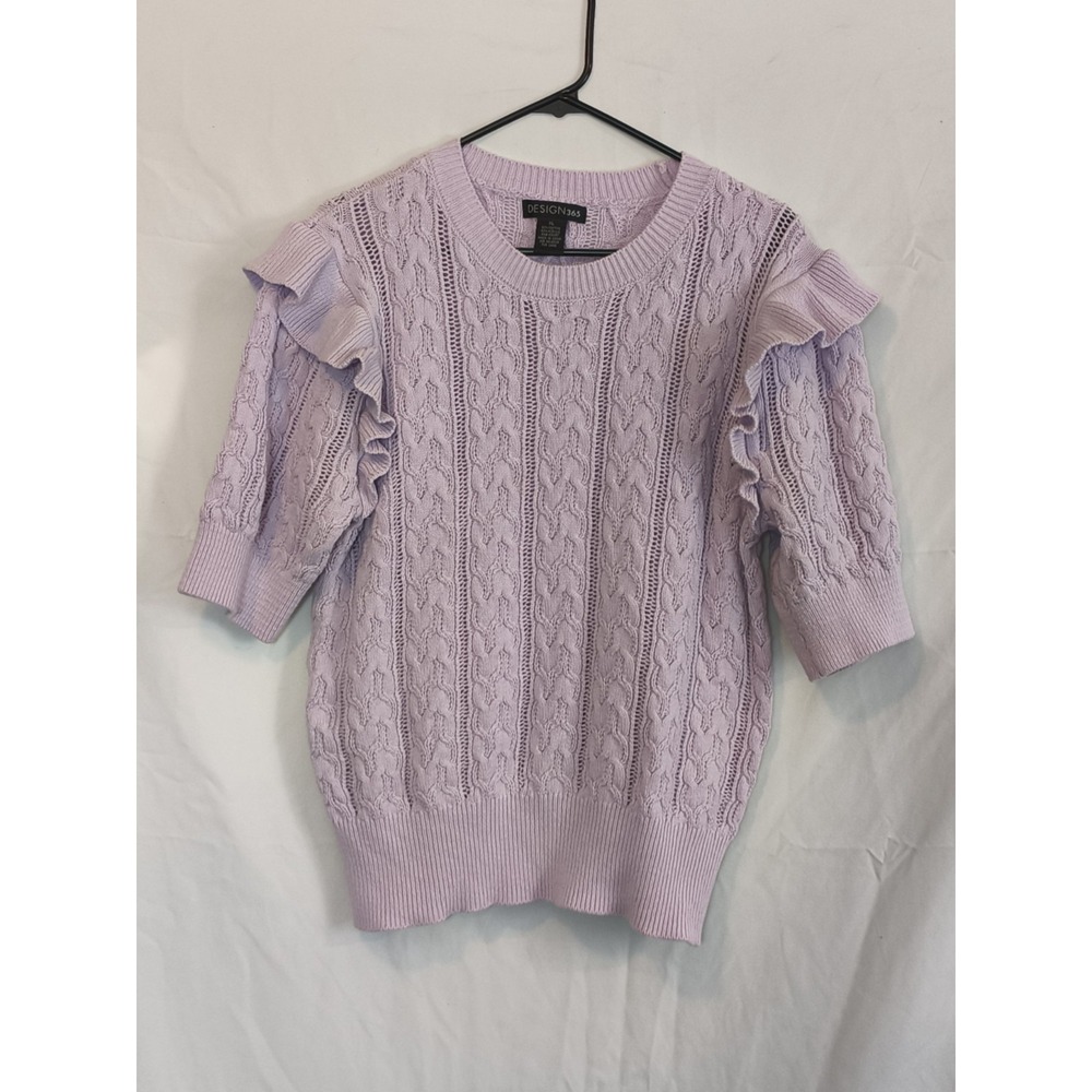 Lavender Cable Knit Ruffled Cotton Blend Short Sleeve Sweater‎ Size L